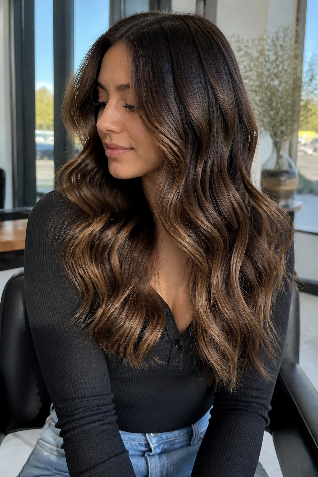 Long wavy hair with chocolate brown balayage on a real person