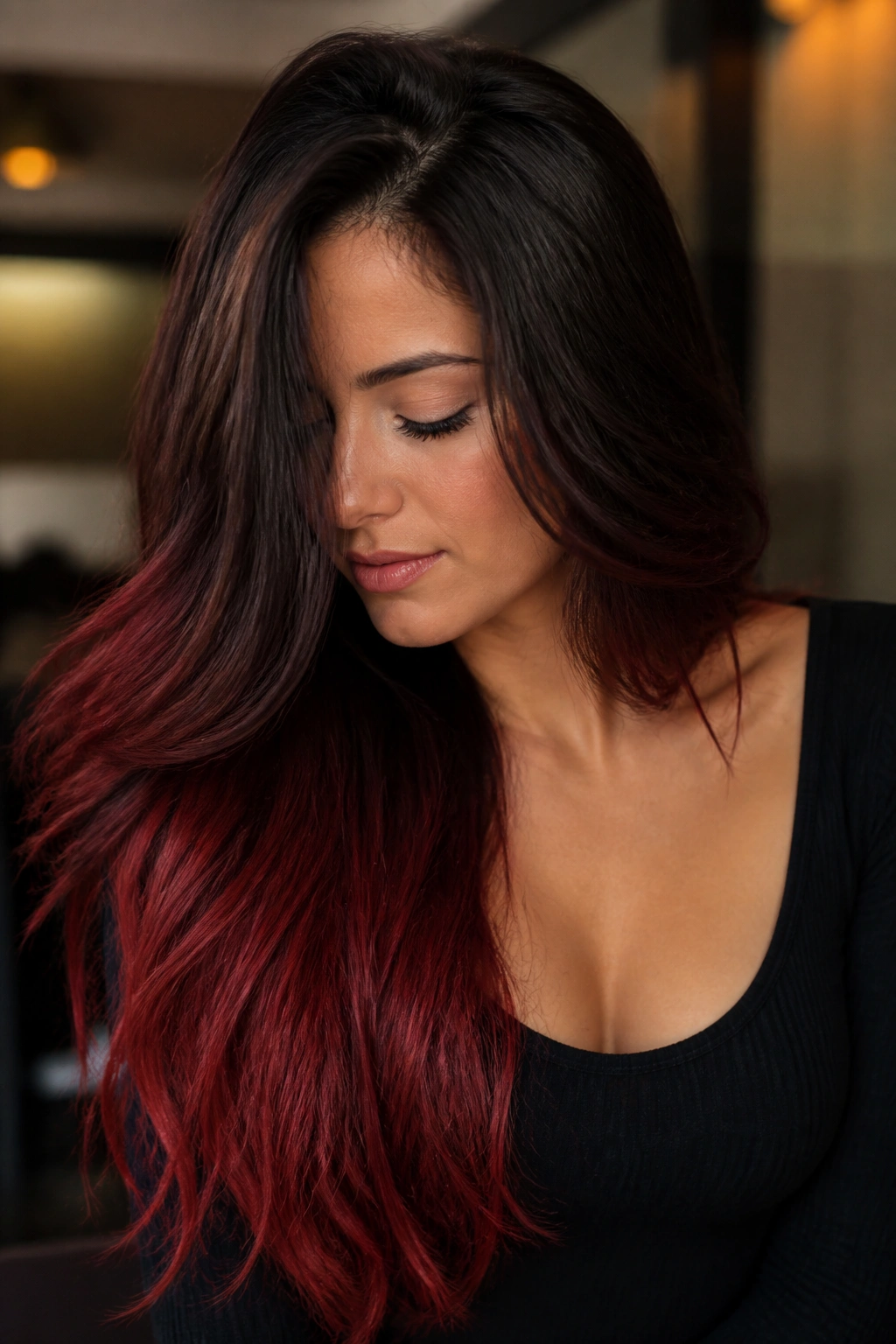 Close-up portrait of a real woman with chocolate base and cherry red ends