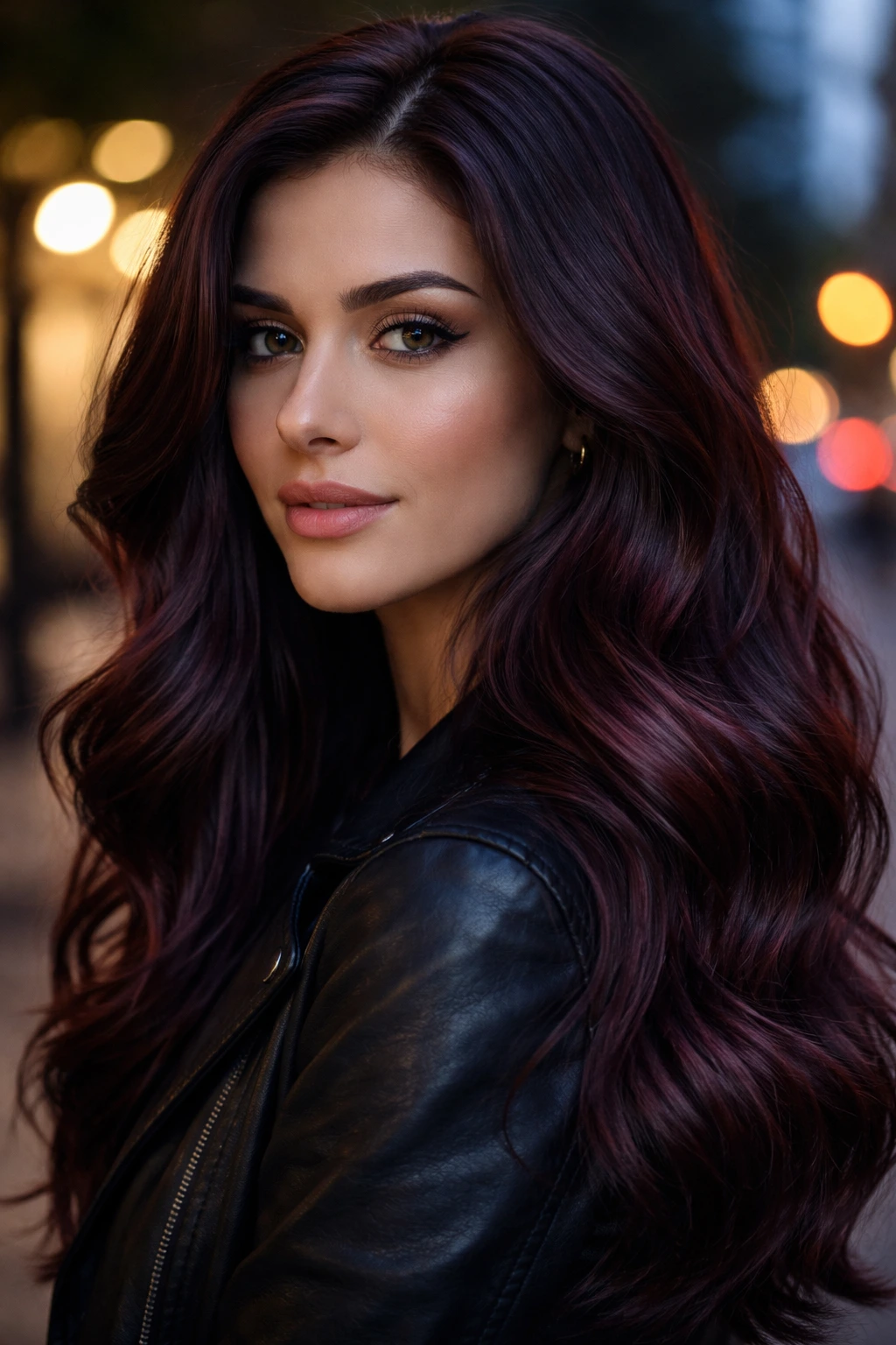 Close-up of a person with chocolate berry hair, deep burgundy-blue undertones