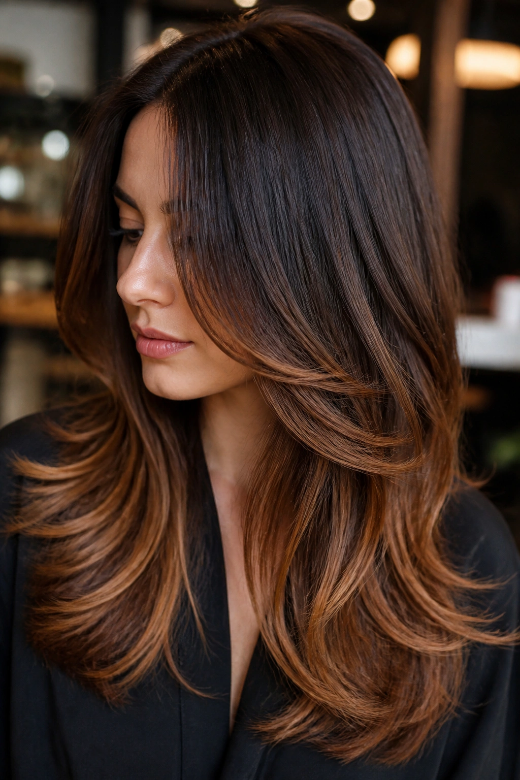 Close-up of layered long hair with chocolate roots fading to bronze ends on a real person.