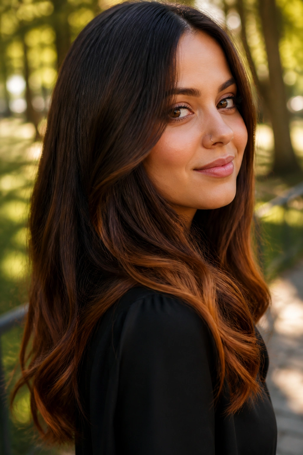 Close-up portrait of a person with chocolate brown hair and bronze ends