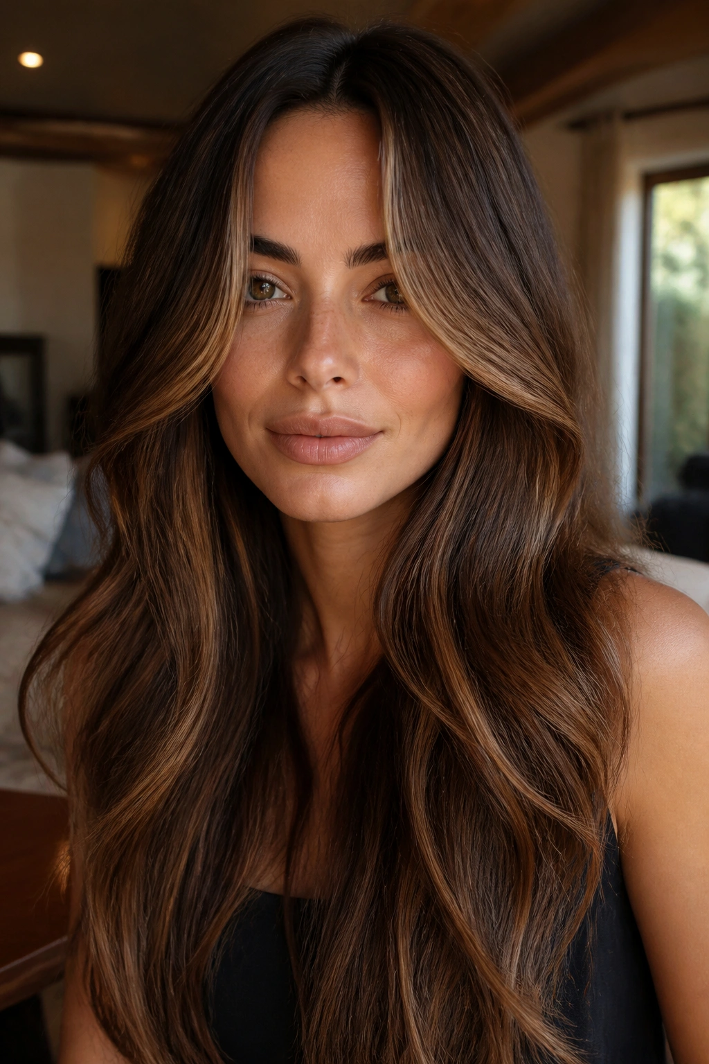 Close-up of a real woman with chocolate brown hair and caramel curtain pieces framing her face
