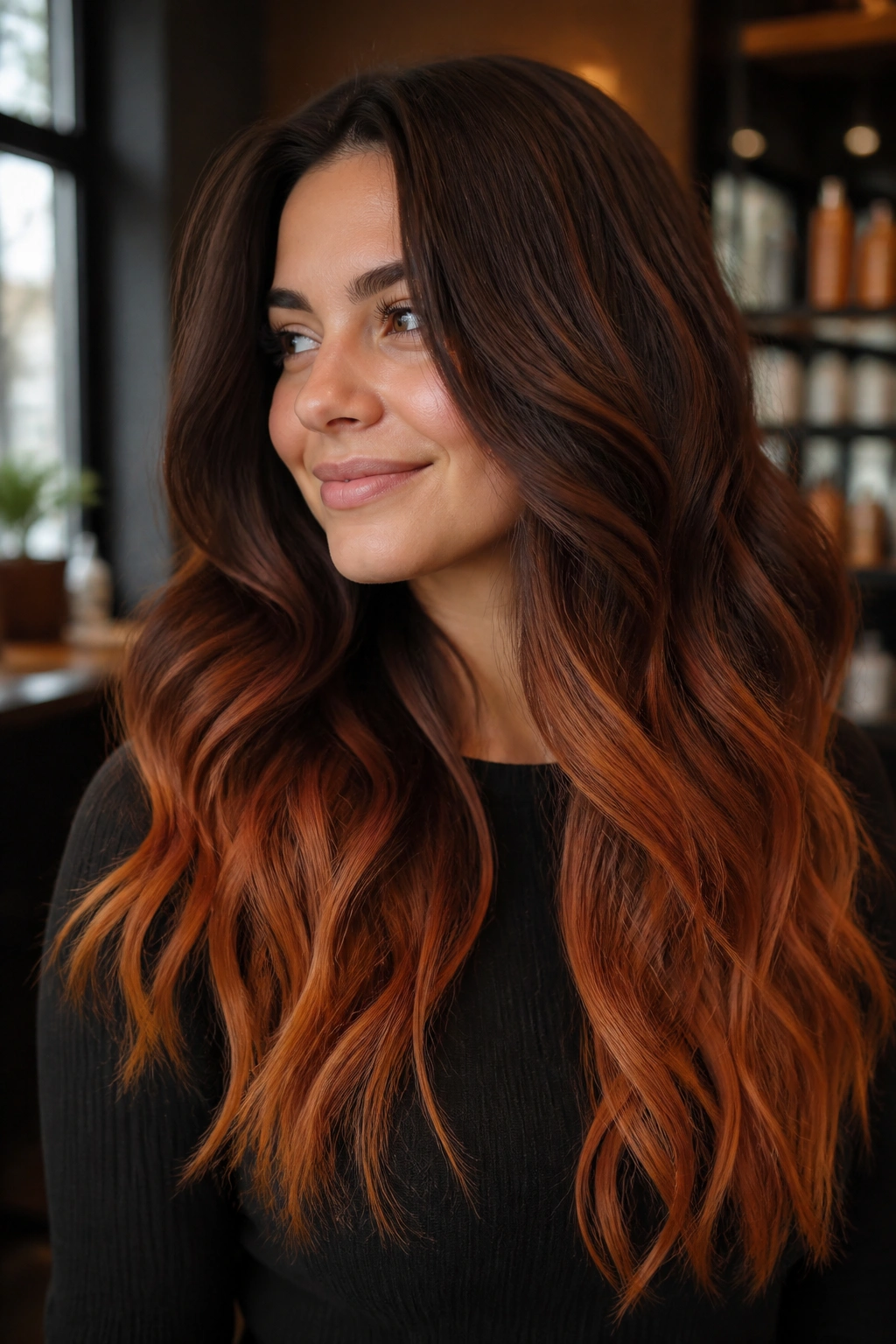 Close-up portrait of a real woman with chocolate brown hair and ginger ember ends in warm salon lighting