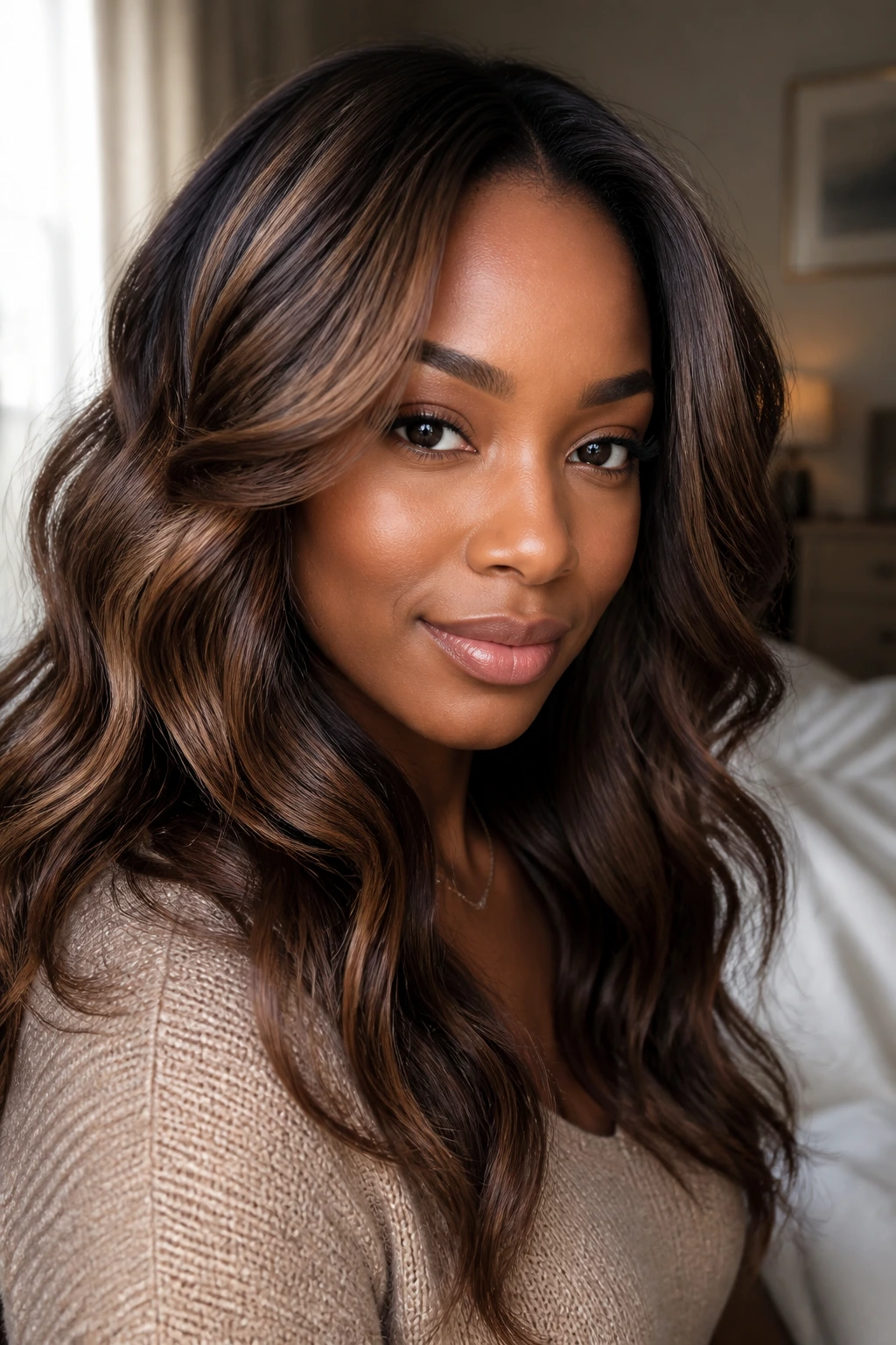 Close-up portrait of a real woman with multidimensional chocolate brown hair in warm window light.