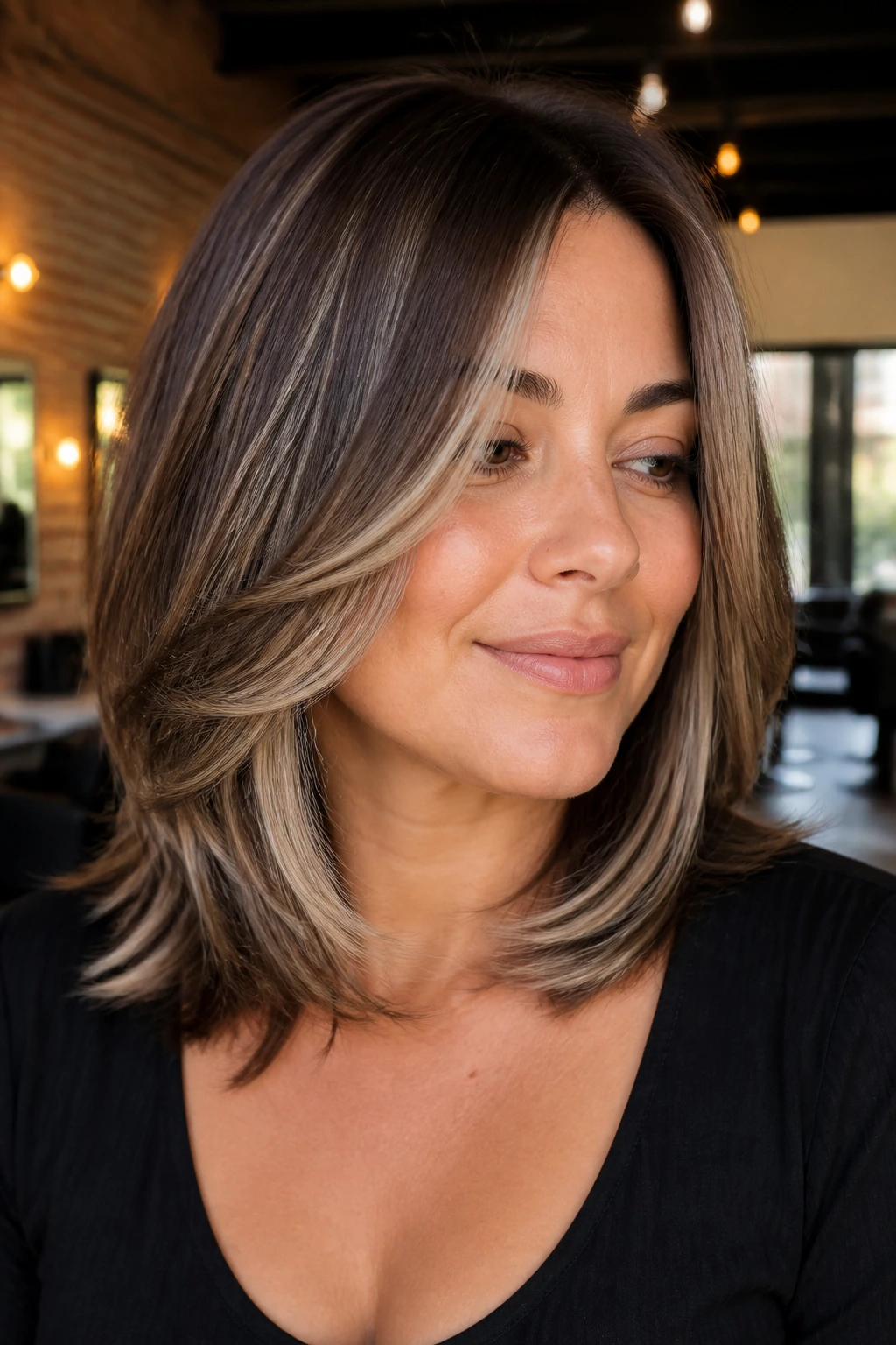 Close-up of a real woman with chocolate brown layered hair and silver feathering in a salon.