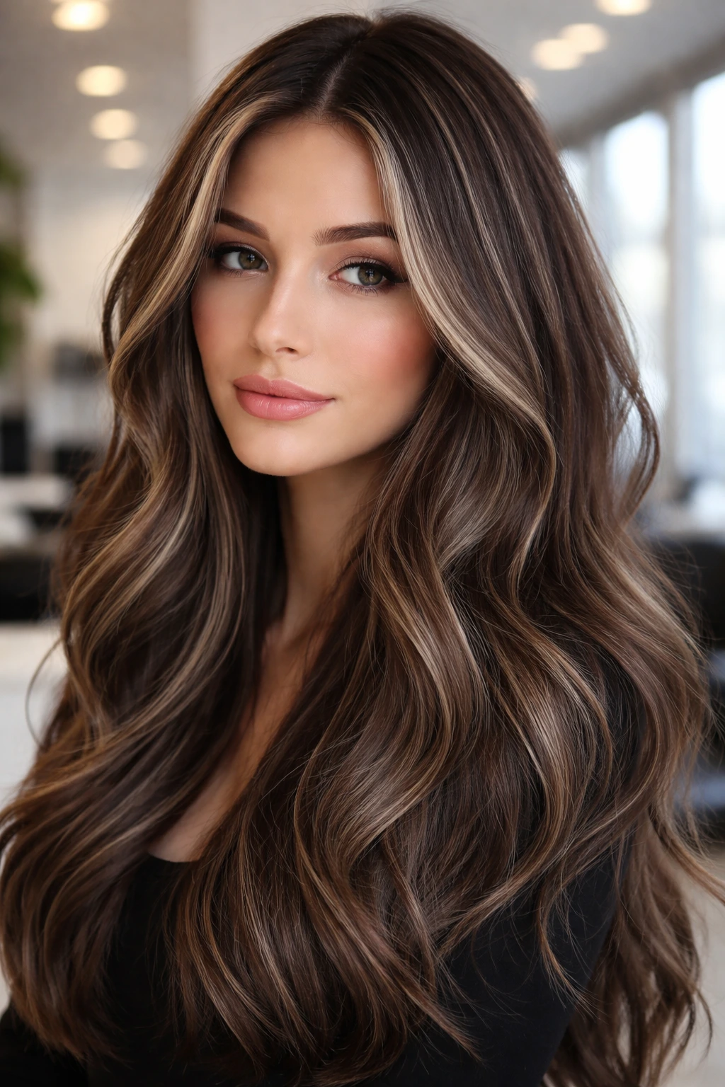 Real person with chocolate brown hair and icy babylights in a modern salon