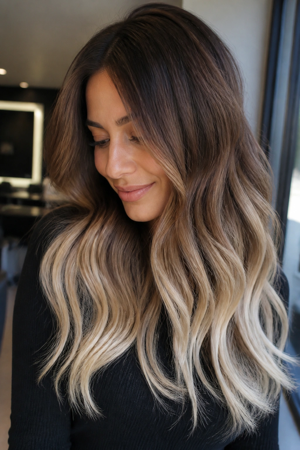 Woman with cool chocolate to icy beige ombre ends
