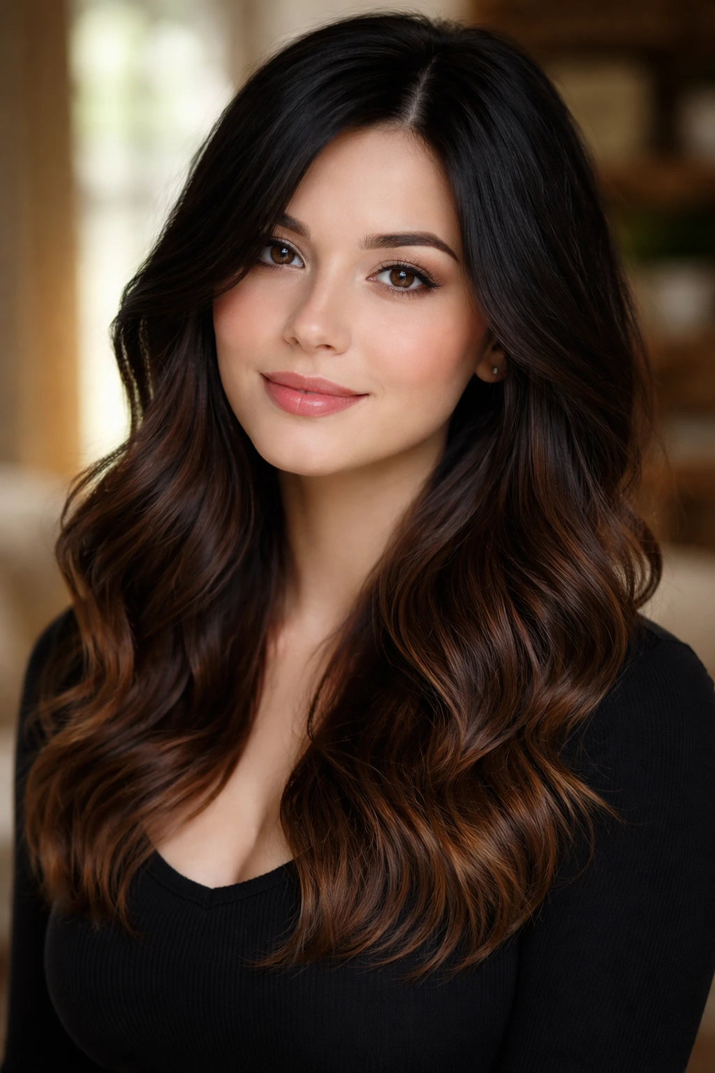 Close-up portrait of a real person with black to chocolate brown ombre