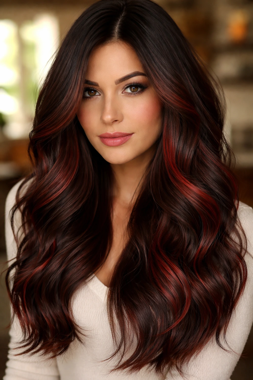Close-up of a real person with chocolate brown hair and paprika-red lowlights