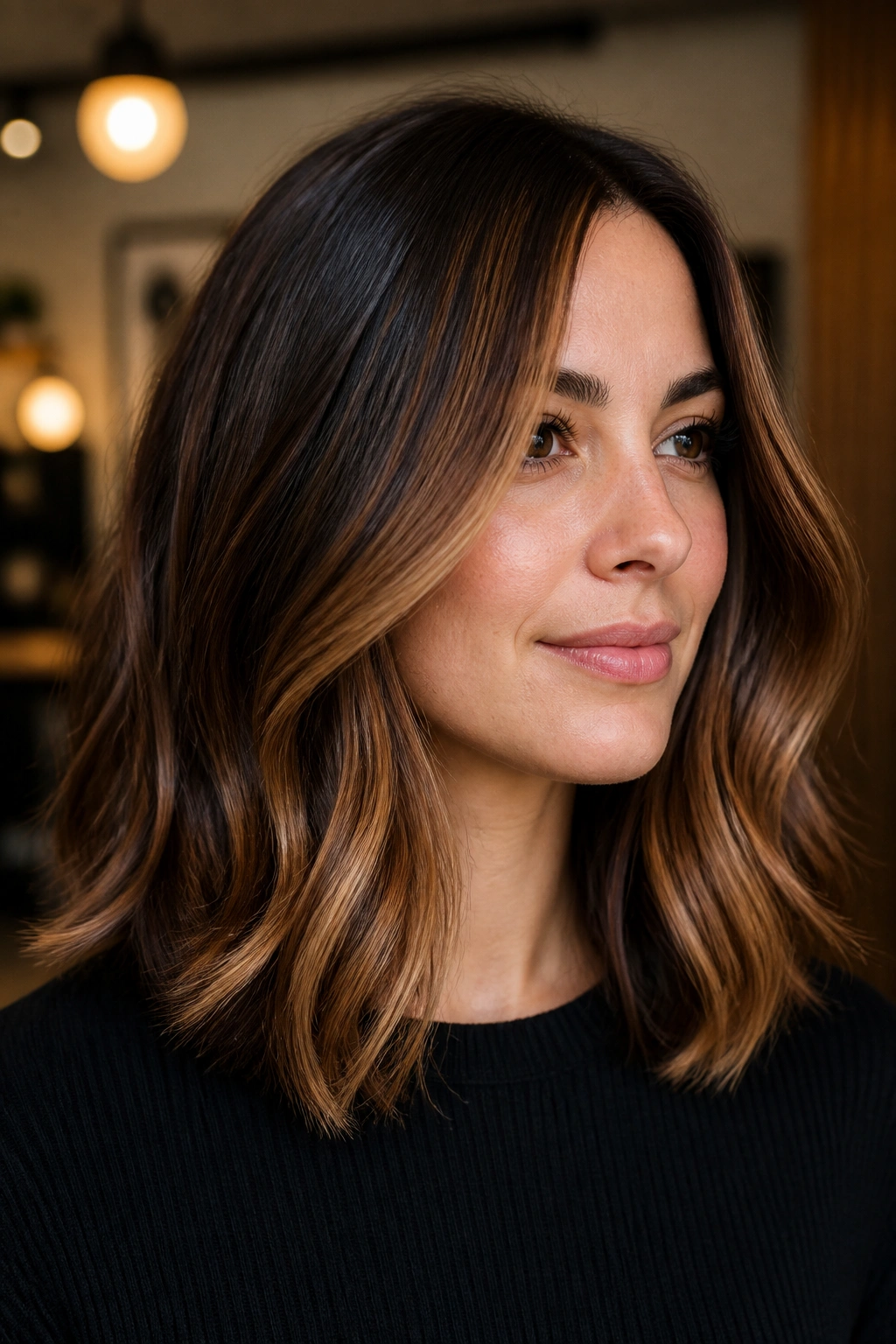 Shoulder-length hair with chocolate and caramel panels framing the face
