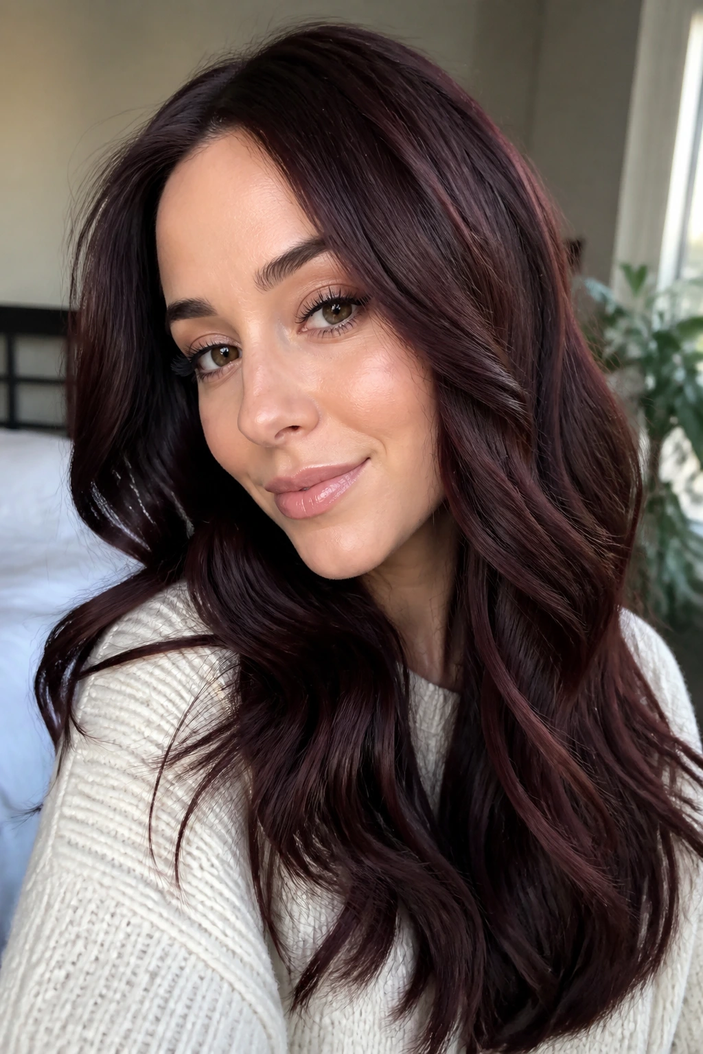 Close-up portrait of a real woman with chocolate cherry auburn hair in natural daylight.