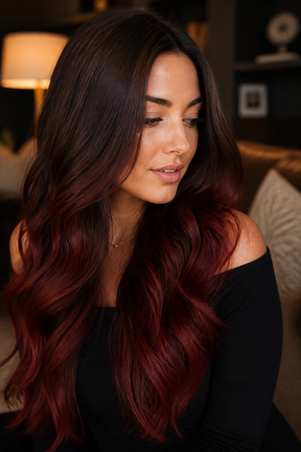 Close-up of long hair with chocolate-to-cherry auburn ombre.