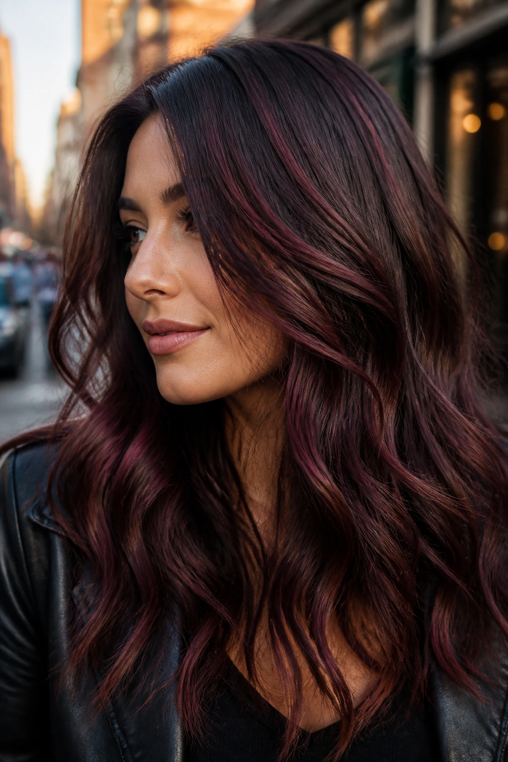 Close-up of a real woman with chocolate cherry balayage and cherry ribbons.