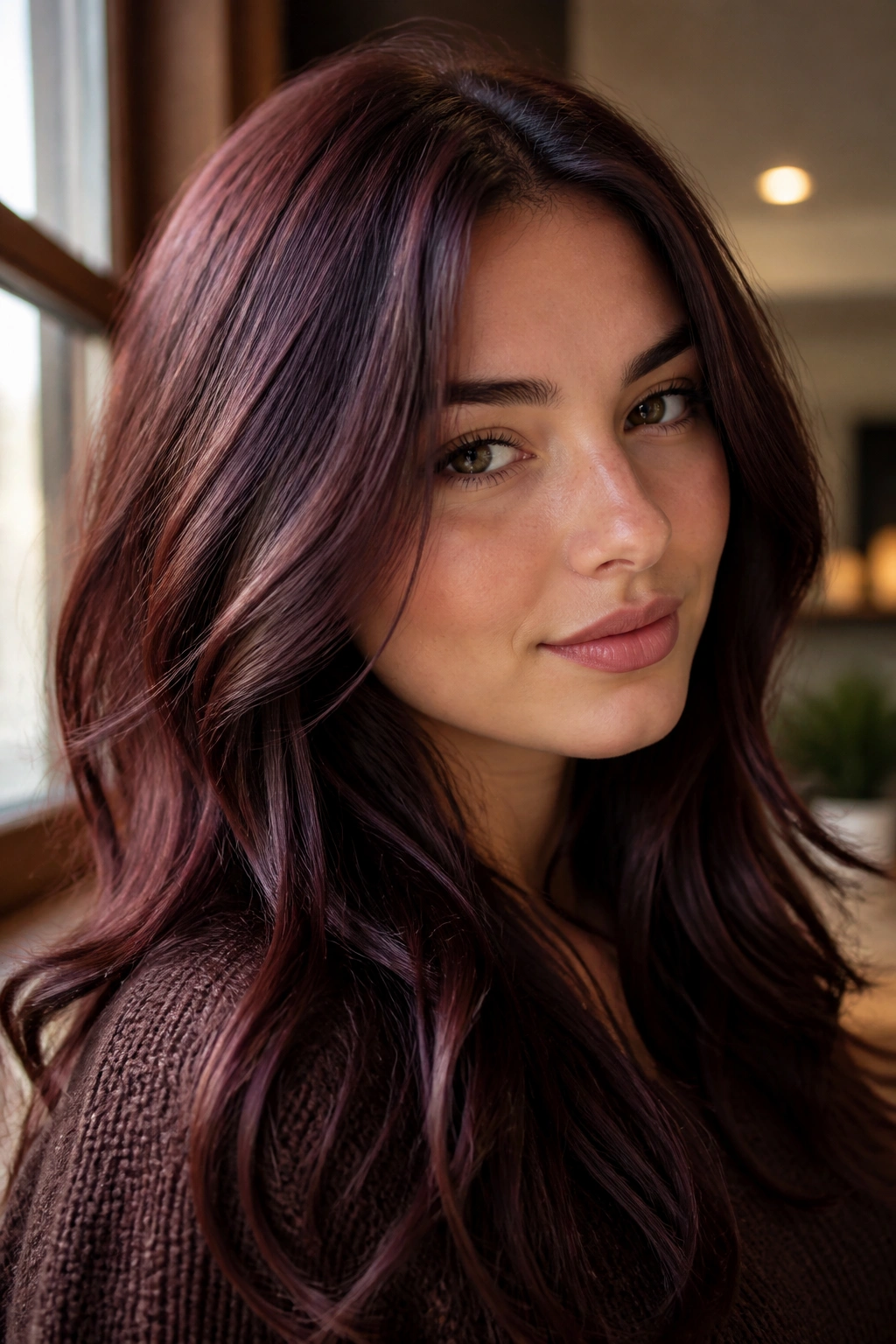 Close-up portrait of a real woman with chocolate cherry brown hair in natural window light.