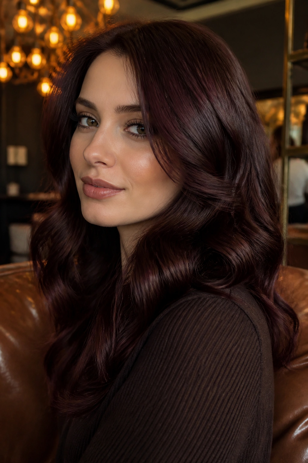 Close-up portrait of a real woman with chocolate cherry brunette and warm, reflective curls.