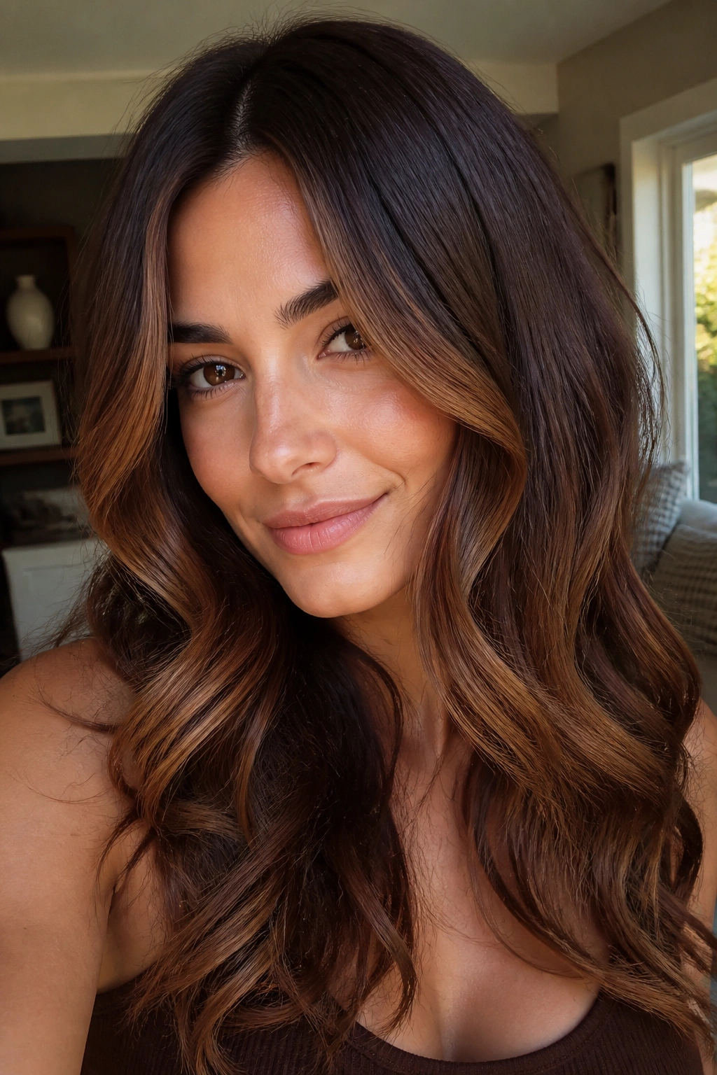 Close-up brunette with chocolate cherry base and warm caramel accents framing the face
