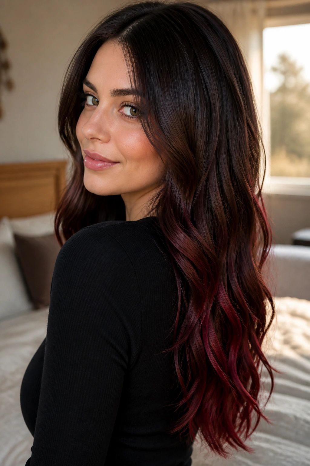 Close-up portrait of a real brunette woman with chocolate cherry ends and wine-red tips