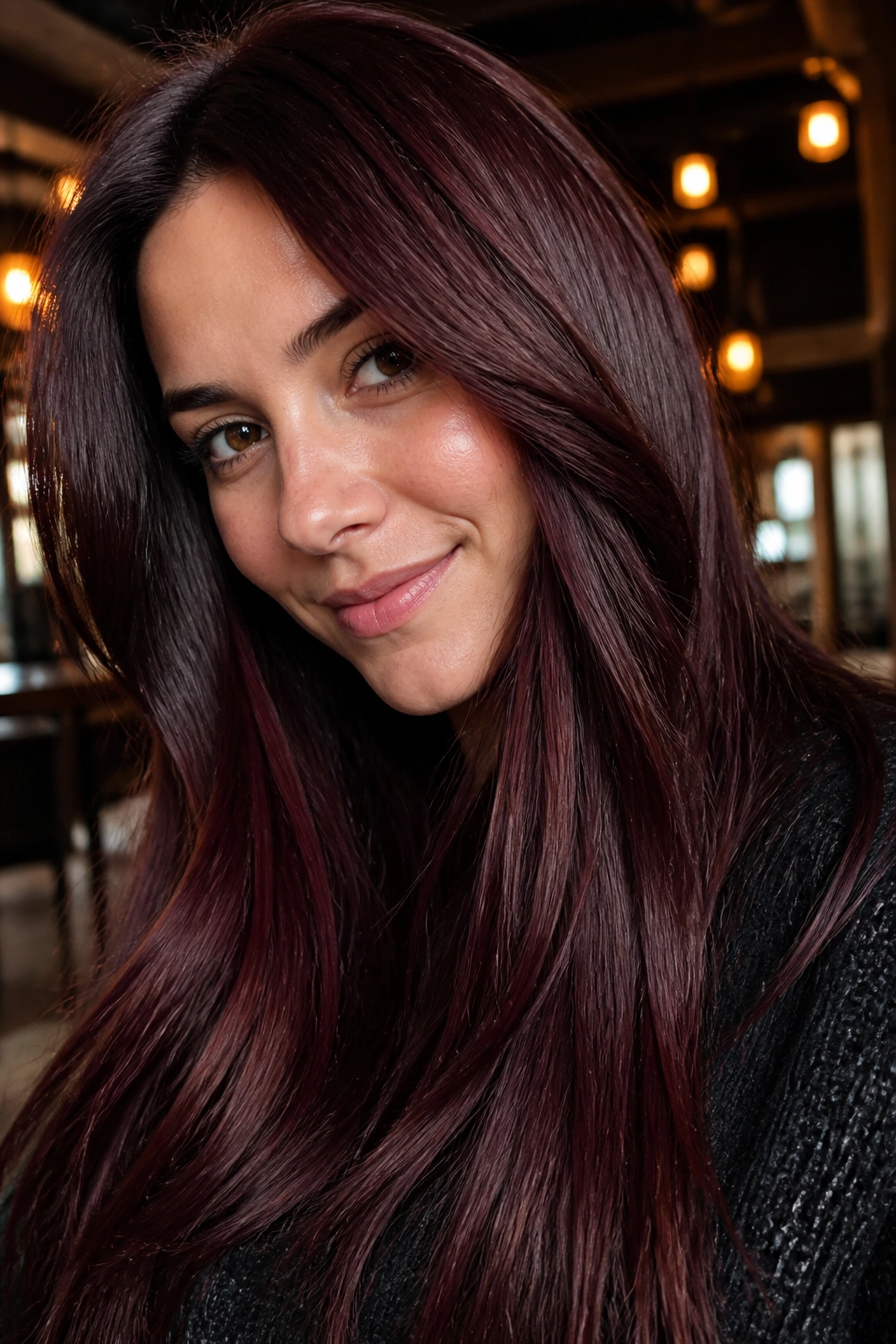 Close-up portrait of a real person with chocolate cherry hair under warm cafe lighting