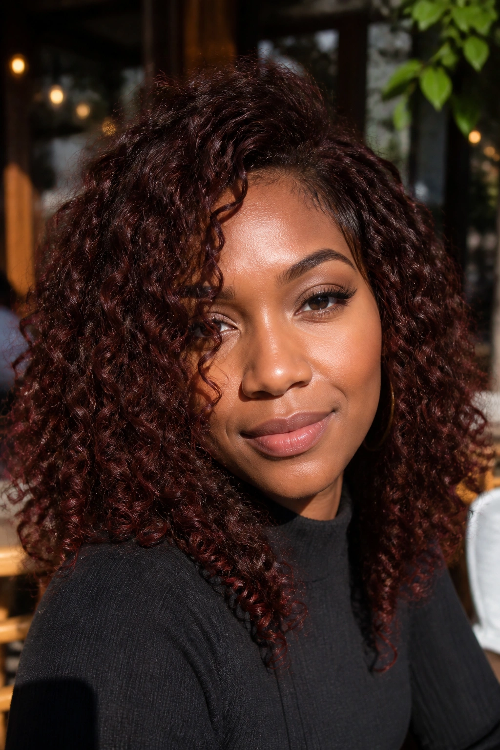 Close-up of a woman with chocolate cherry hair color (deep brown with red glow)