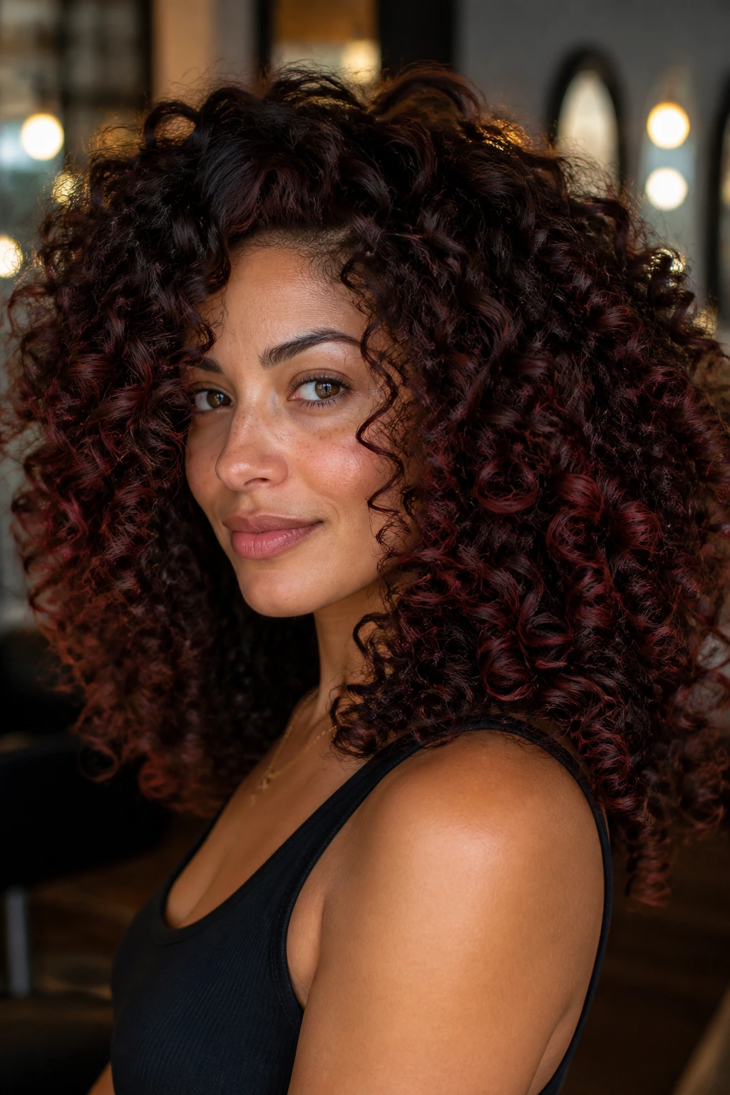 Close-up of a real woman with curly hair featuring chocolate cherry lowlights.