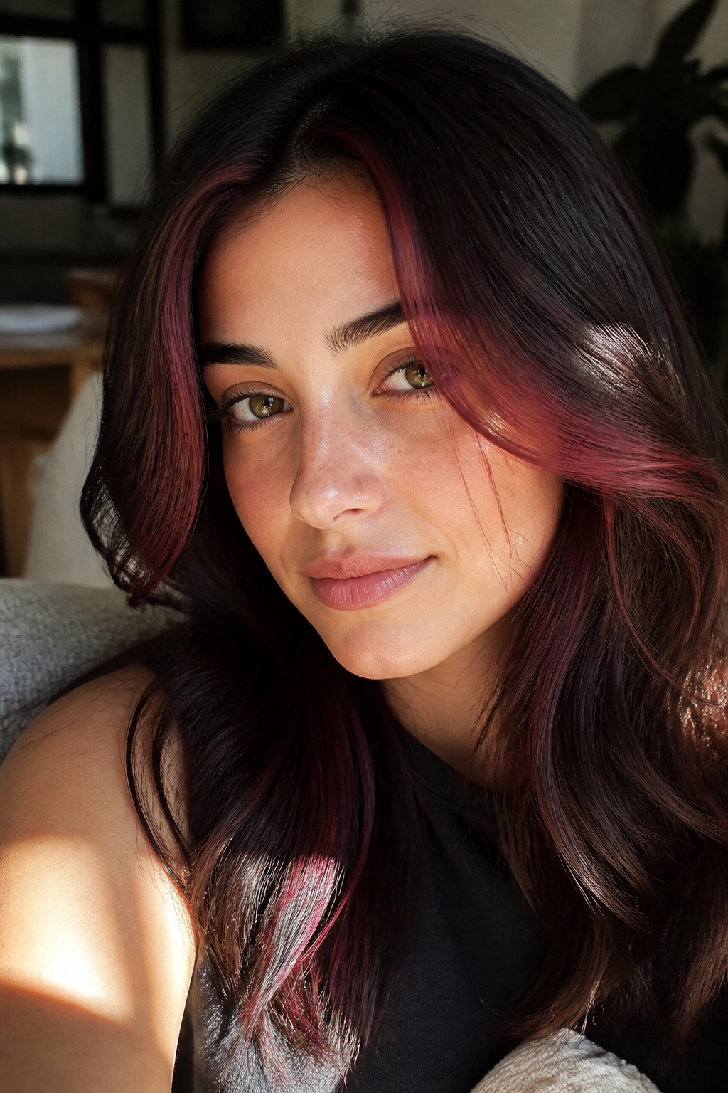 Close-up of a real person with Chocolate Cherry Money Piece Around the Face hair color.