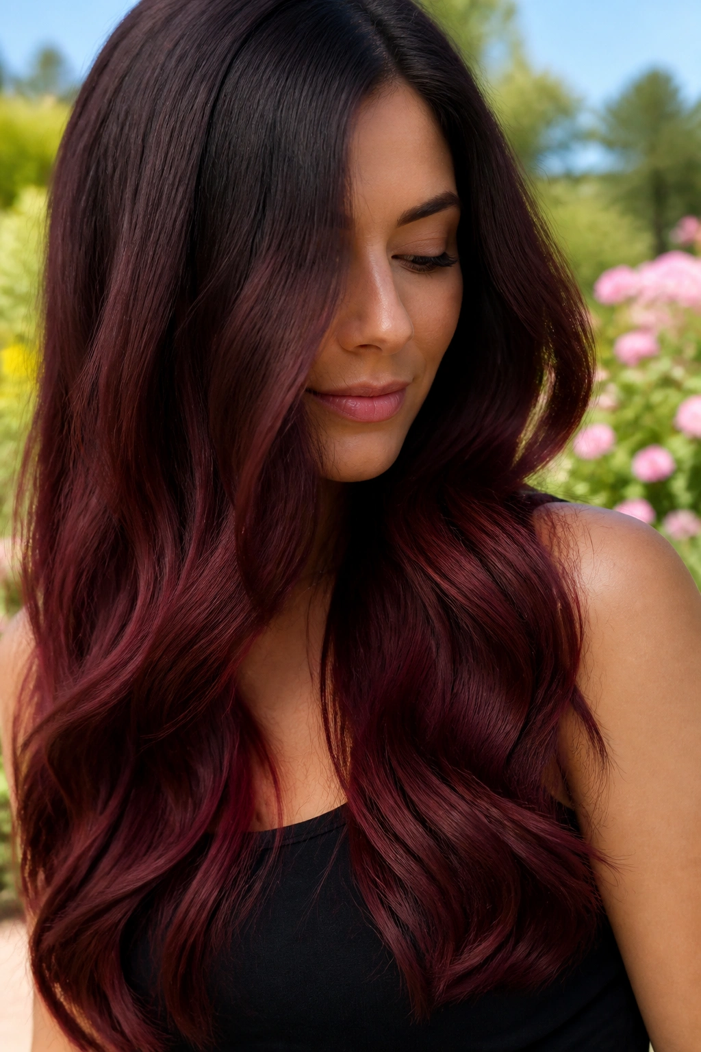 Long chocolate cherry ombré hair in daylight