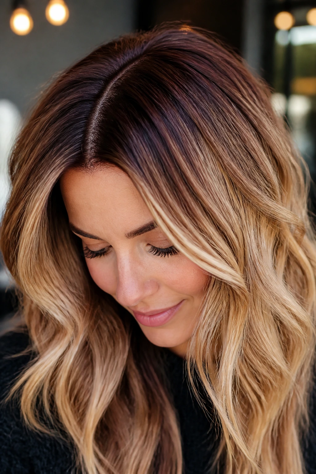 Close-up of a real woman with chocolate cherry root against blonde hair in warm light.