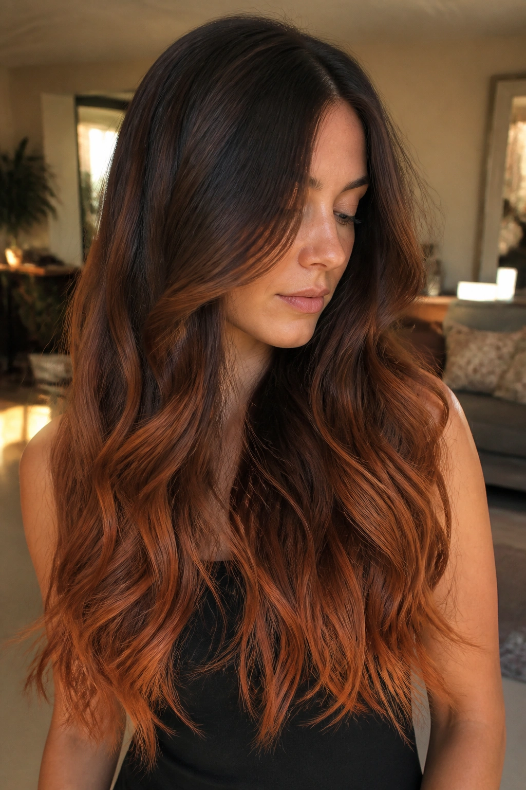 Close-up of a real woman with chocolate to copper glaze on long hair