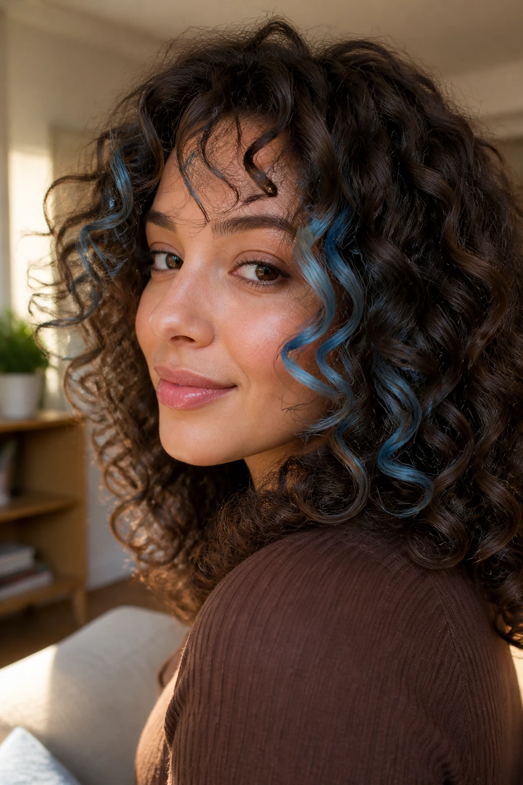 Chocolate curls with sky blue whispers on a real woman.