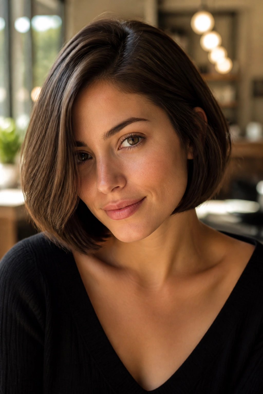 Close-up of a real woman with chocolate French bob and deep side part in natural light