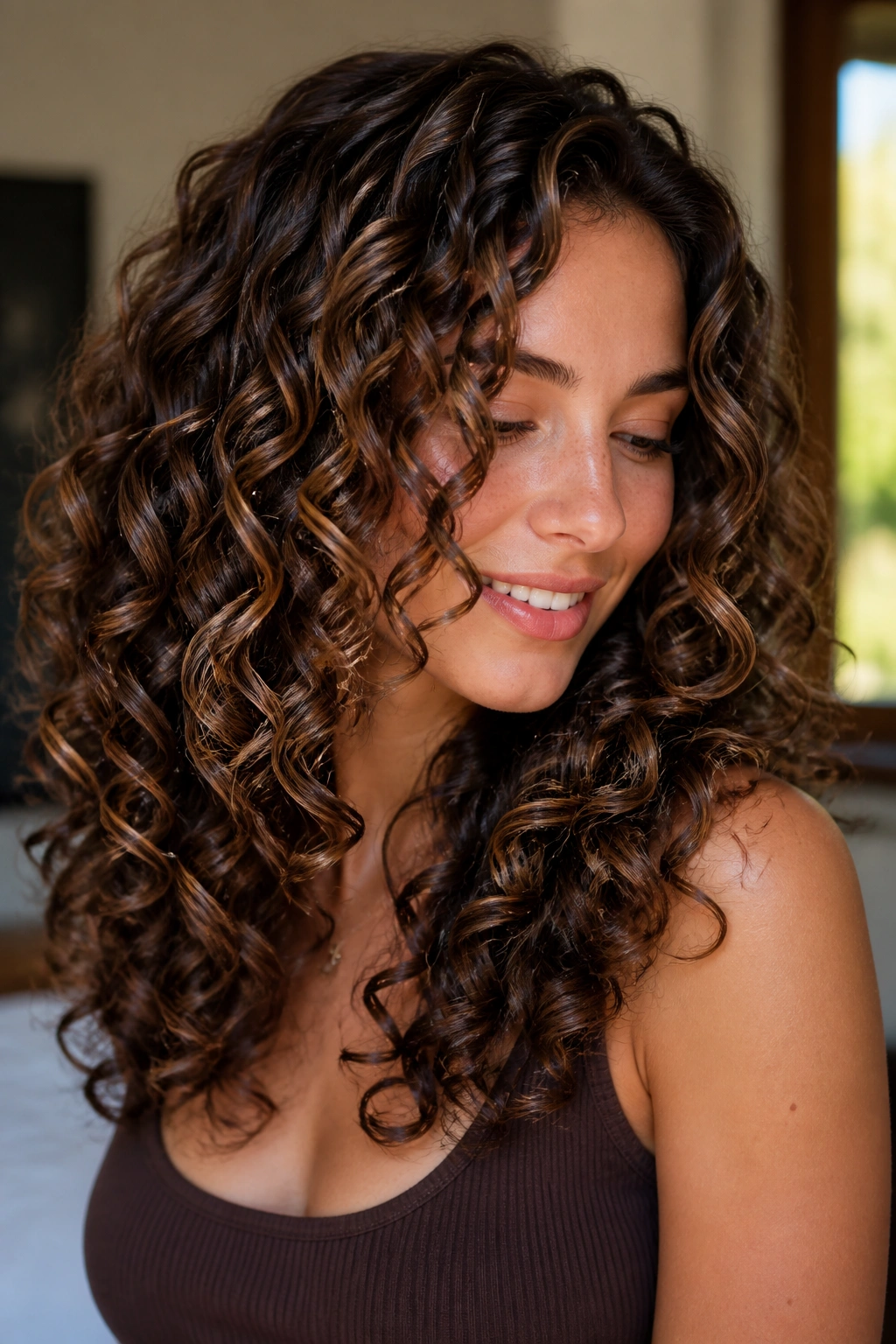 Close-up of curly brown hair with chocolate gloss highlights showing defined curls