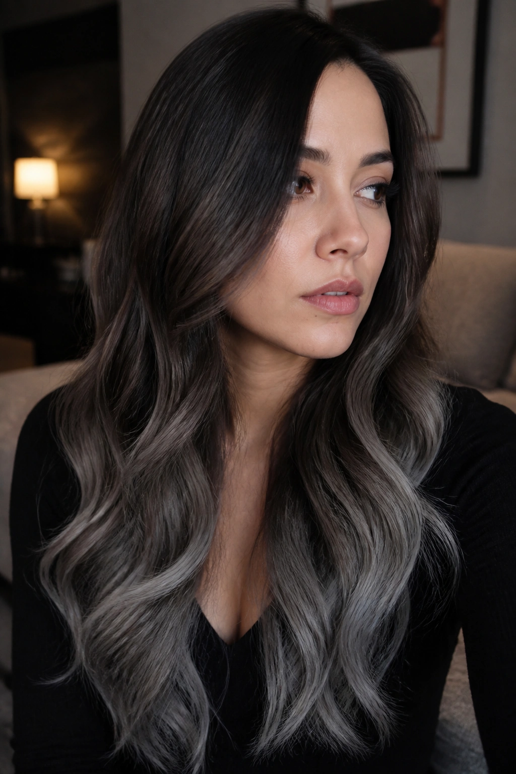 Brunette to graphite silver ends in long hair