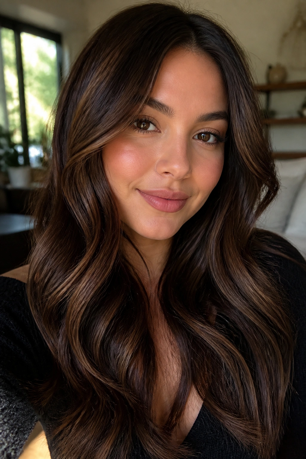 Close-up of a real person with long loose waves and chocolate brown highlights