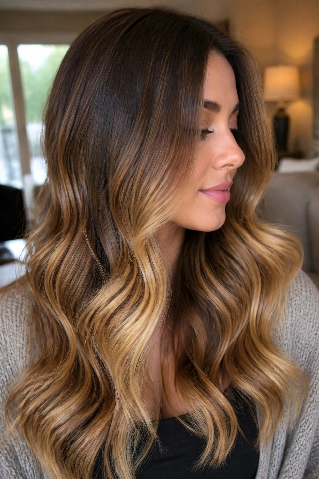 Close-up of brunette with chocolate to honey ombre in a warm living room setting