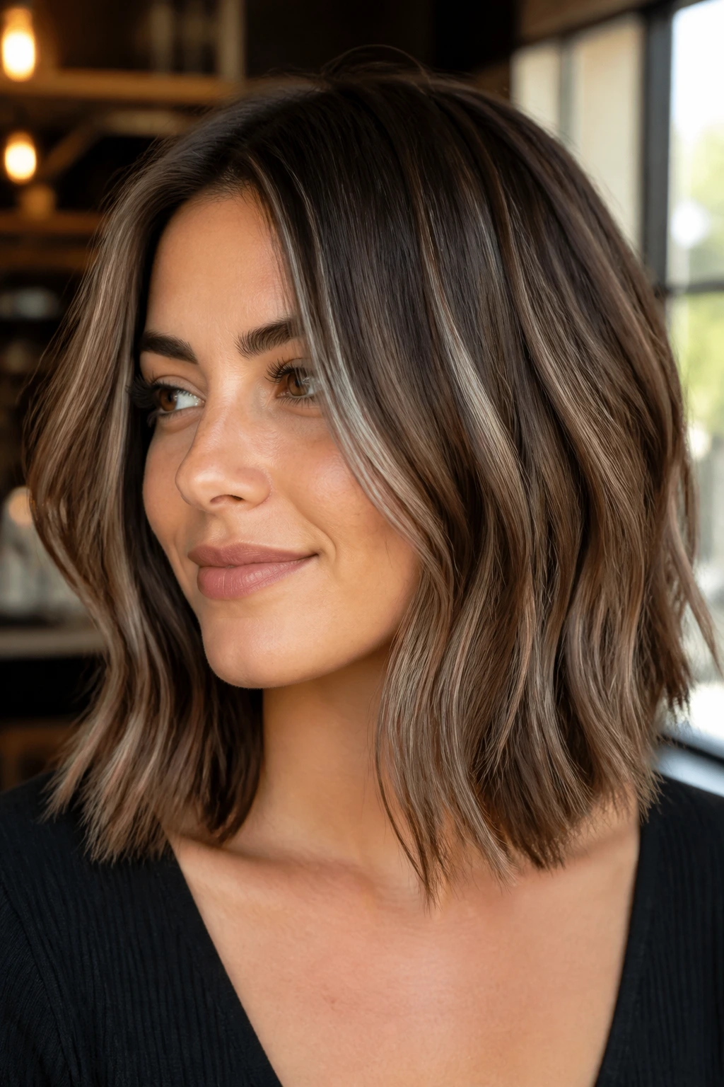 Close-up of chocolate lob with scattered silver foils on a real person