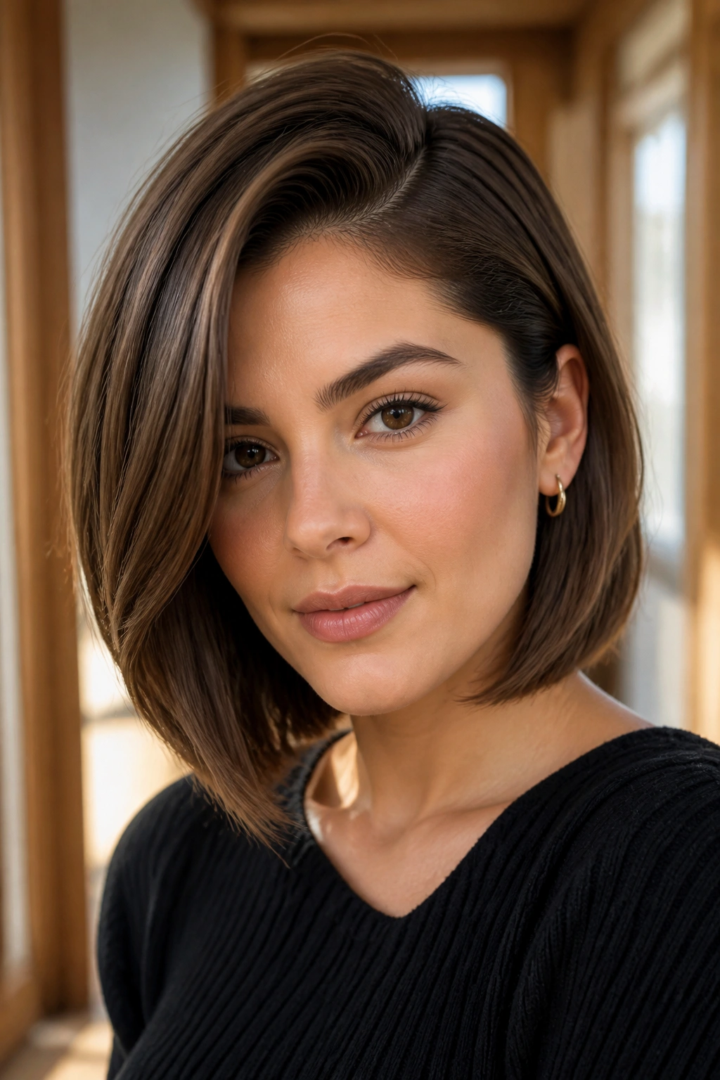 Real woman with chocolate lob and deep side part