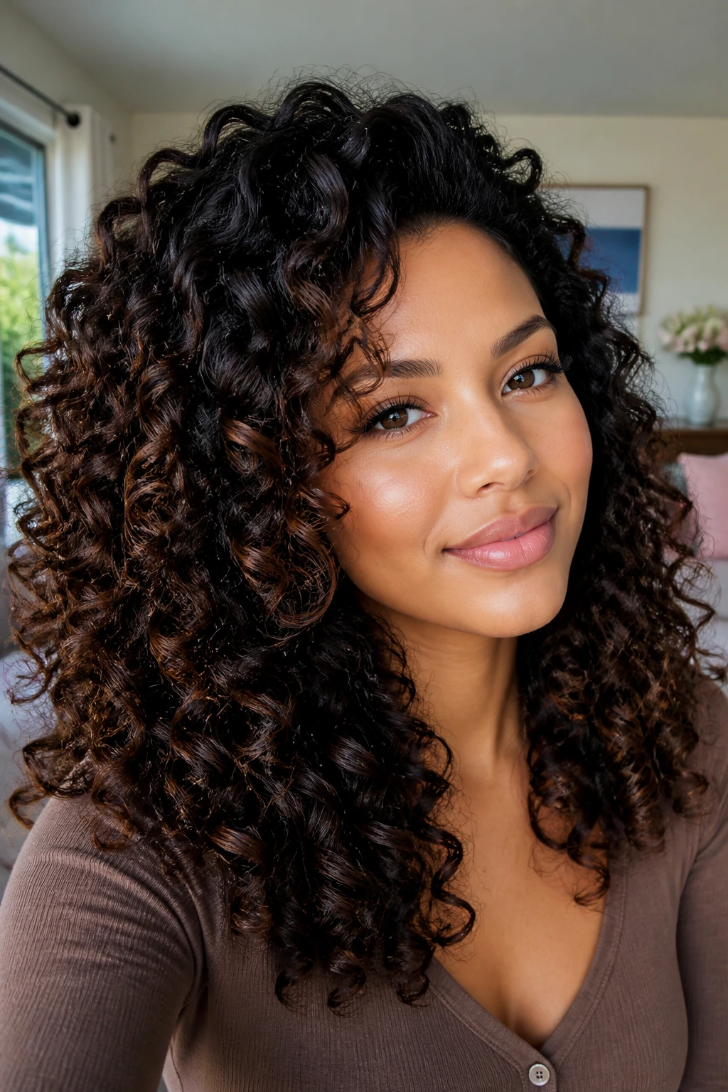 Close-up of a real woman with dark curly hair and chocolate lowlights