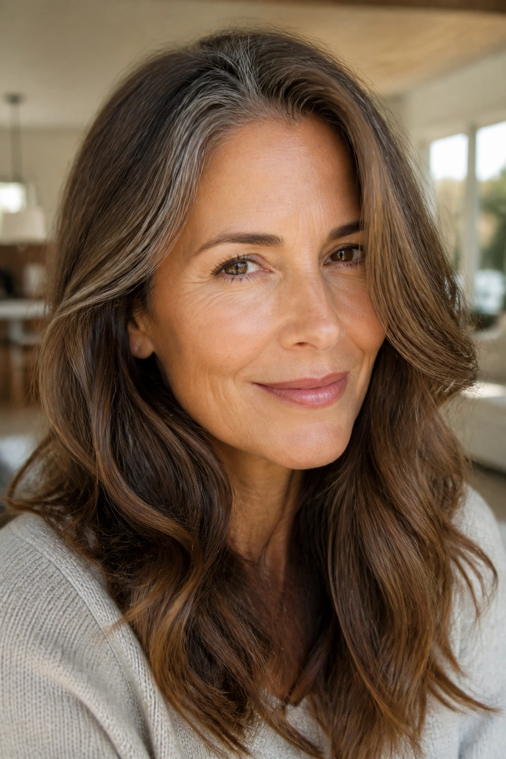 Brunette with chocolate lowlights blending early gray hairs
