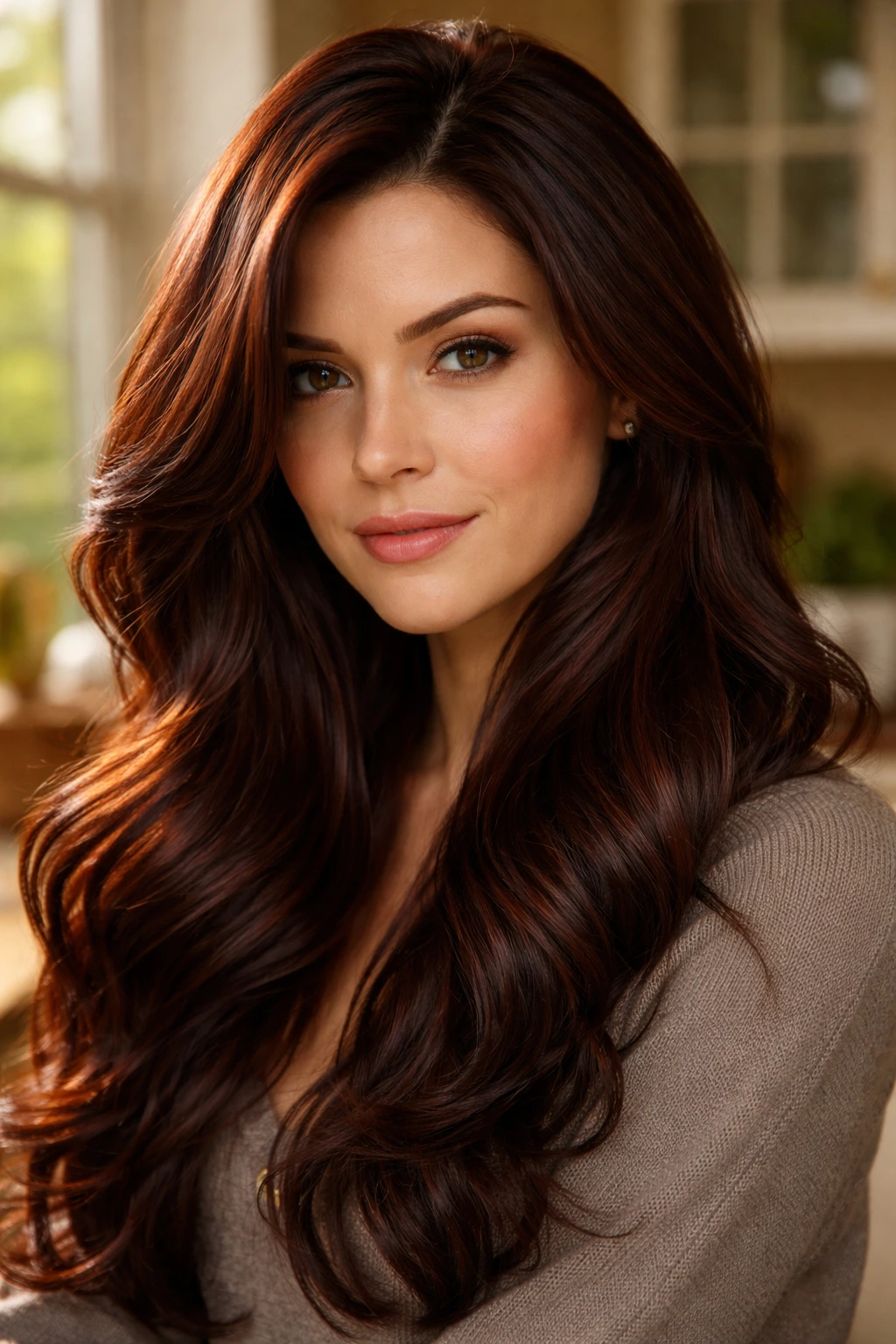 Close-up of brunette with chocolate mahogany hair, warm natural light.