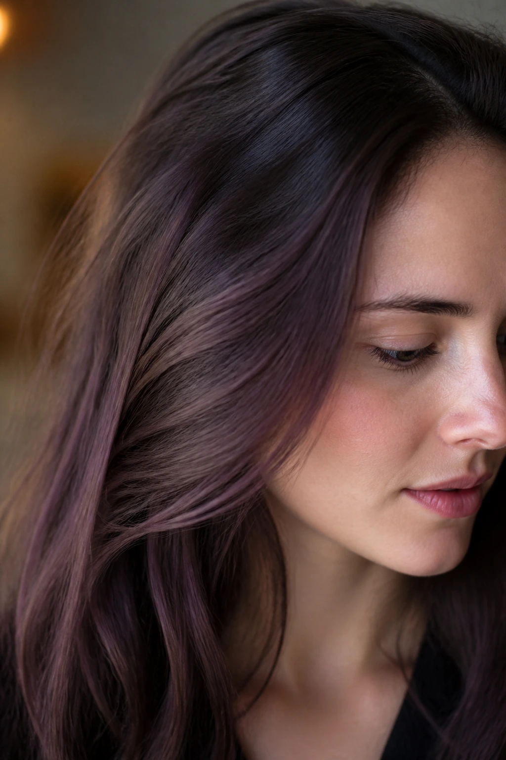 Brunette hair with chocolate mauve undertones and cool purple-pink tint