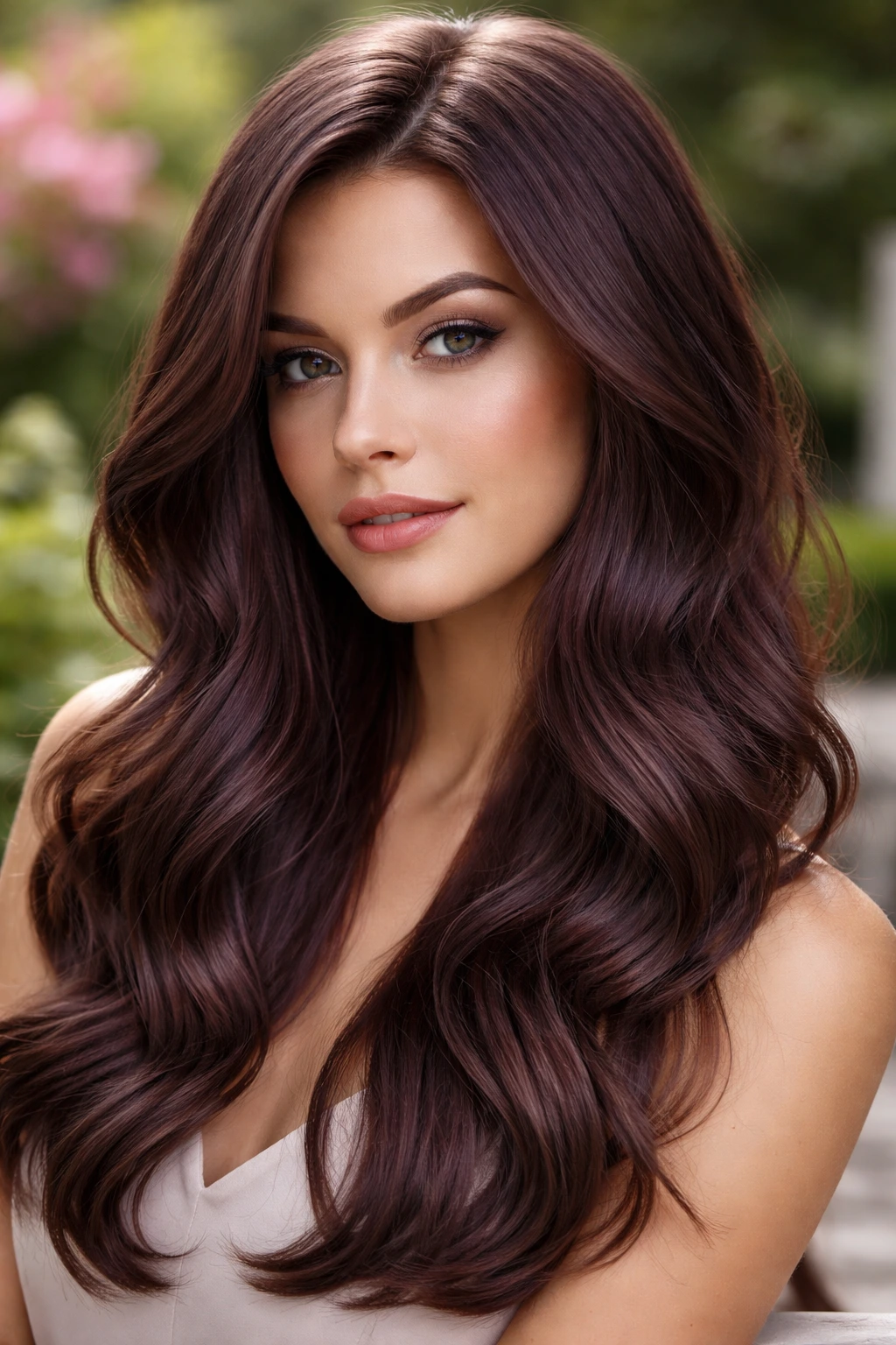 Close-up portrait of a real person with chocolate mauve hair and violet undertone.