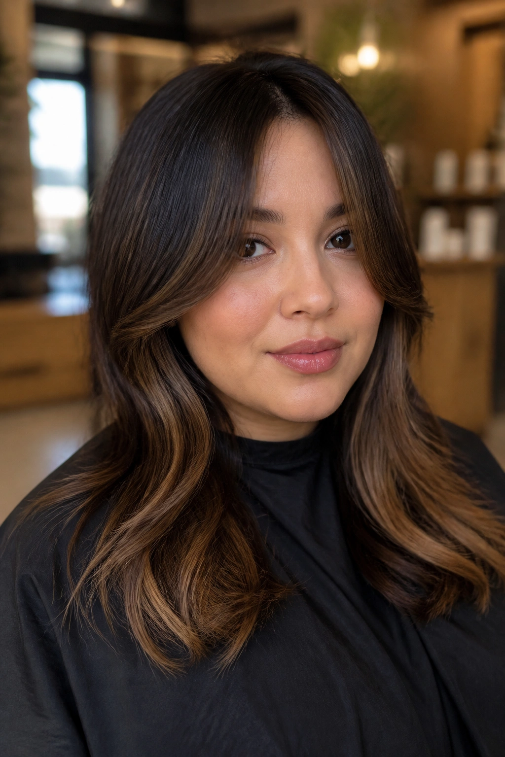 Close-up portrait of a real woman with chocolate melt hair and curtain bangs