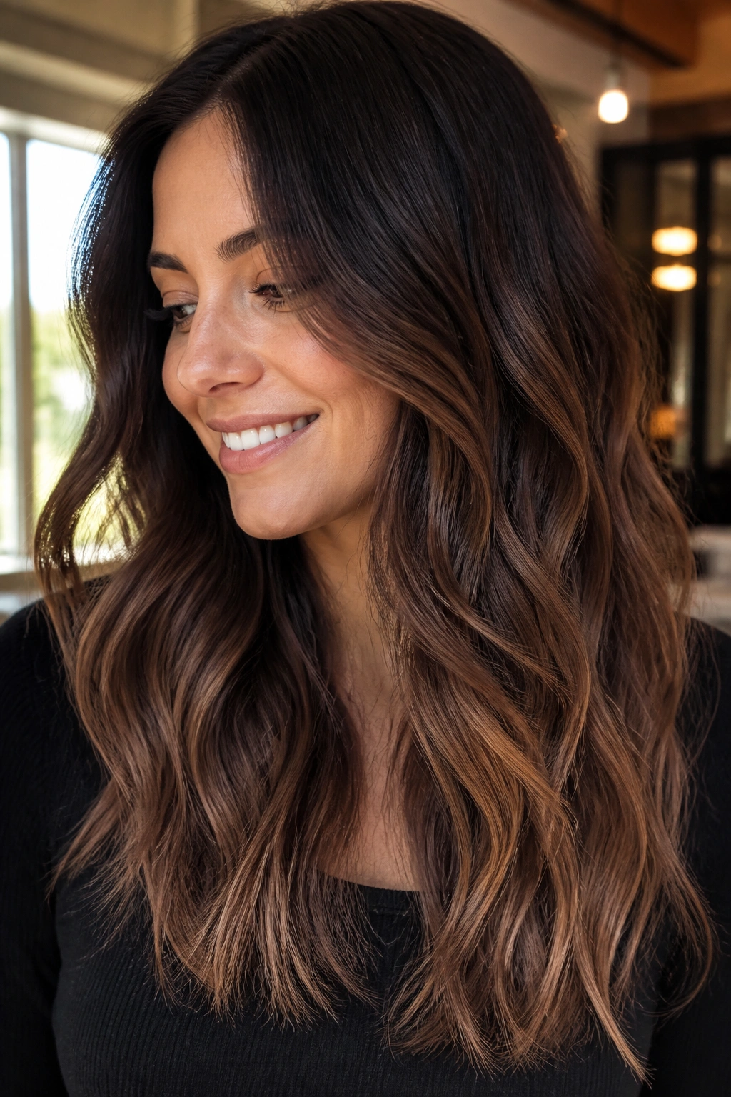 Close-up of brunette hair with a subtle chocolate melt ombré from roots to lighter ends.