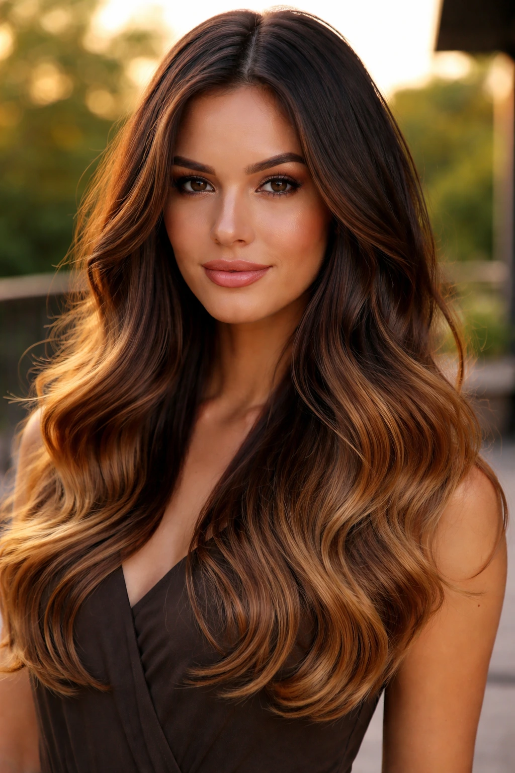 Close-up portrait of a real woman with caramel-infused chocolate ombré from roots to ends.