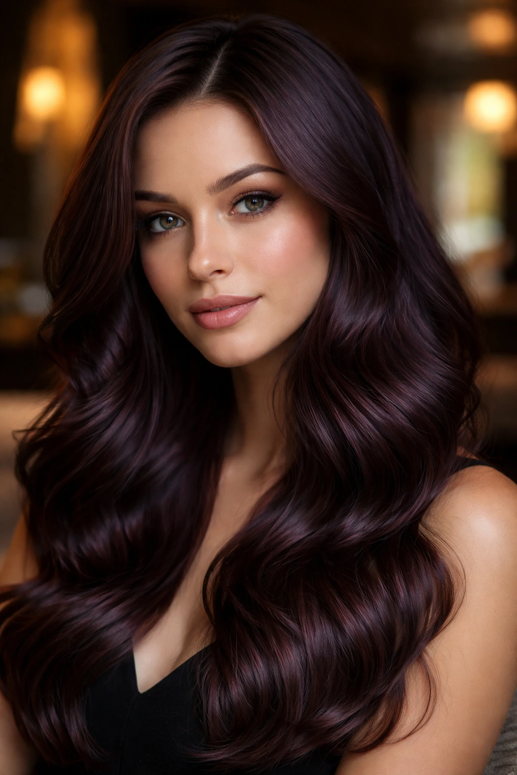 Real person with chocolate plum hair in a luxurious setting