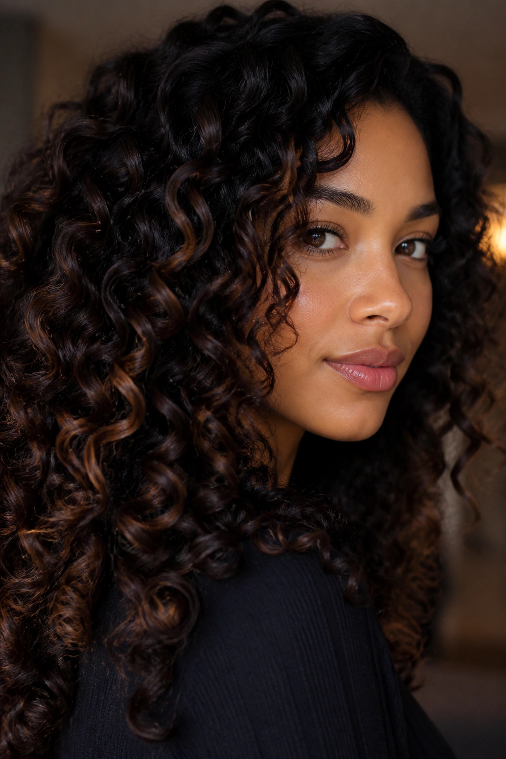 Close-up of black curly hair with chocolate ribbon highlights in a warm indoor setting