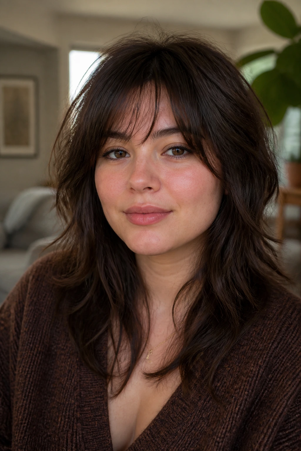 Close-up of a real woman with chocolate shag and airy fringe.