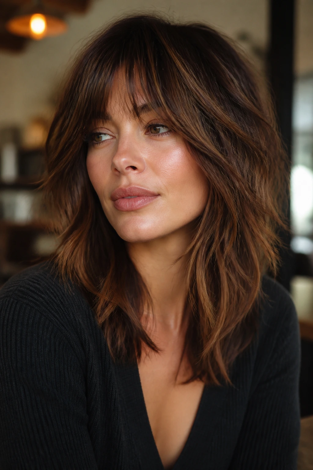 Close-up of chocolate shag with cinnamon highlights on a real person