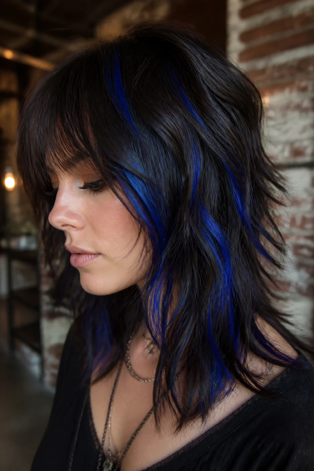 Close-up of chocolate shag with chunky cobalt streaks through layers