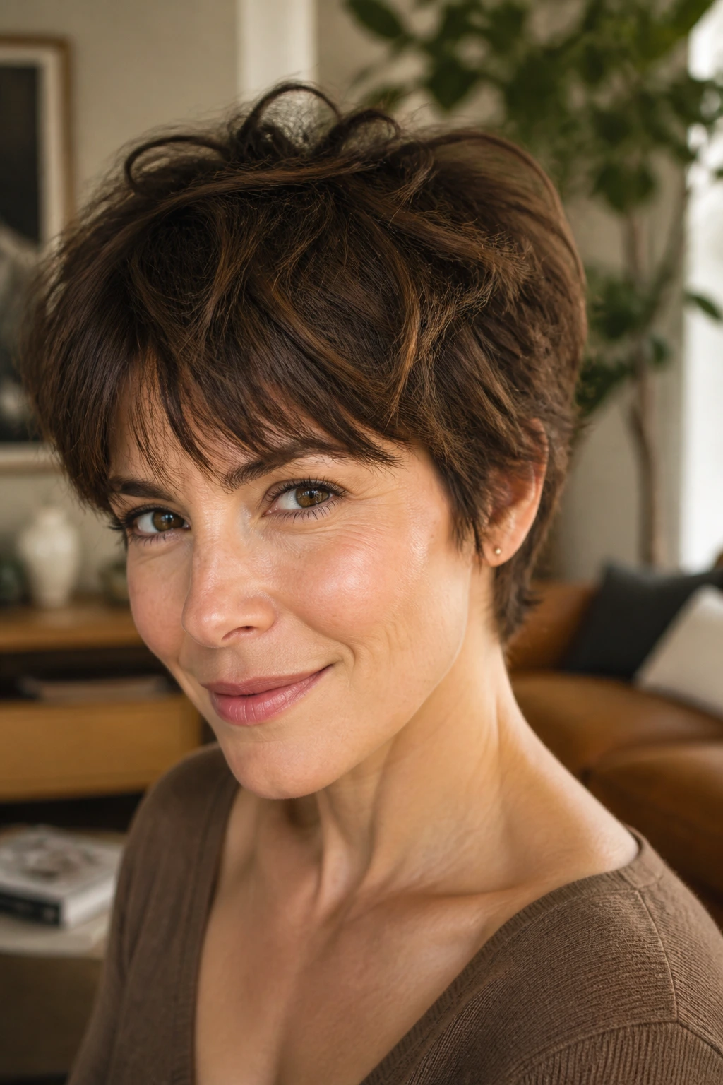 Close-up of a real woman with chocolate shaggy pixie in chocolate brown, textured movement